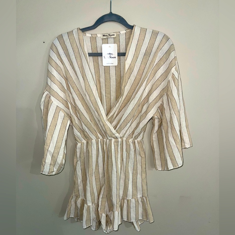 NWT: tan and white striped romper